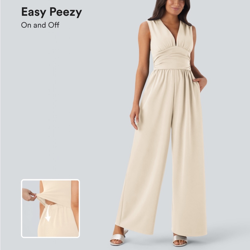 Halara Creamwhite SculptKnit V Neck Sleeveless Ruched
Pocket Jumpsuit,Easy Peezy